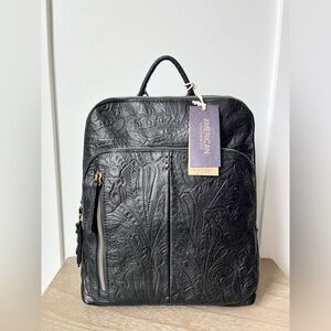 American Leather Company Cleveland Tooled black leather backpack NWT